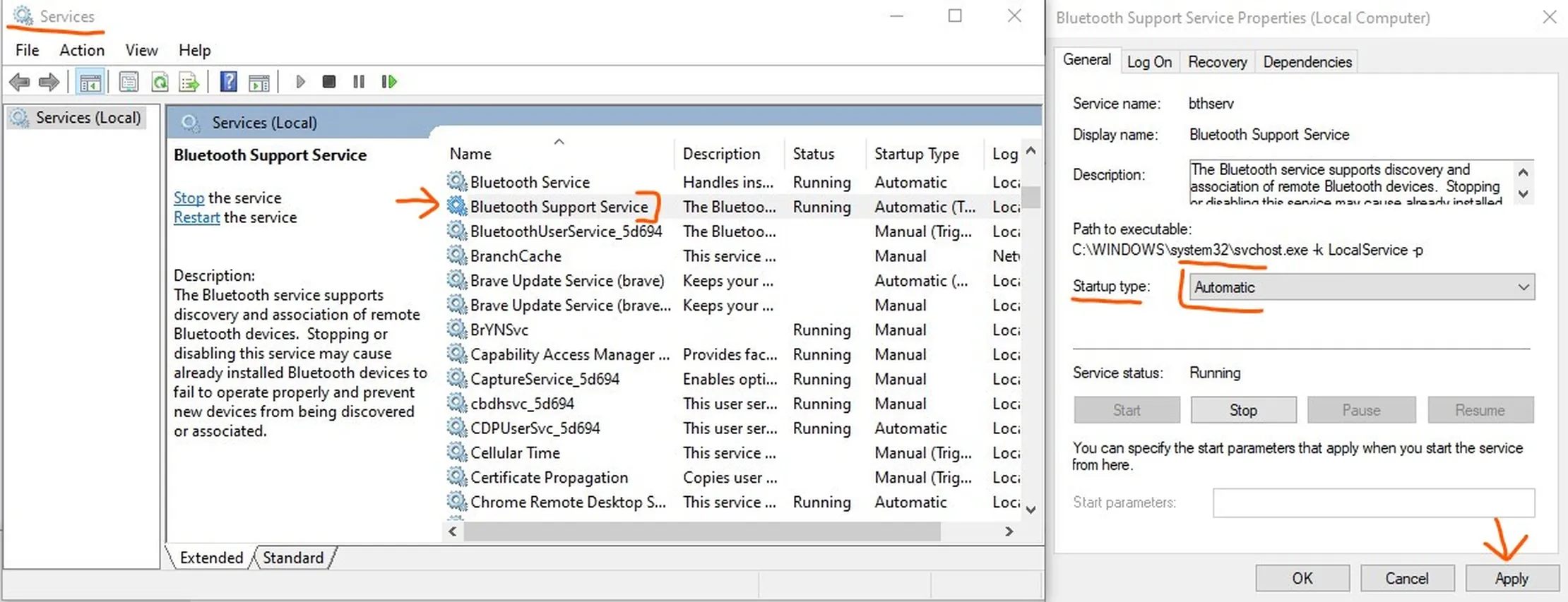 Set Bluetooth service to start automatically on Windows 10