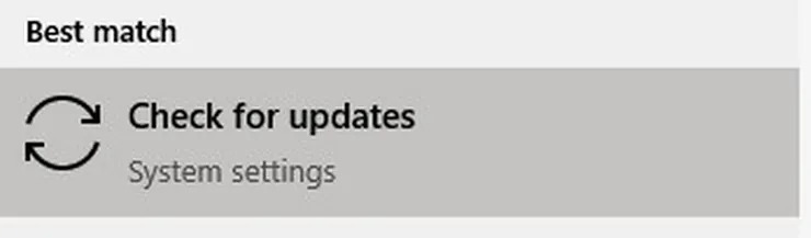 Windows update search result on Windows 10