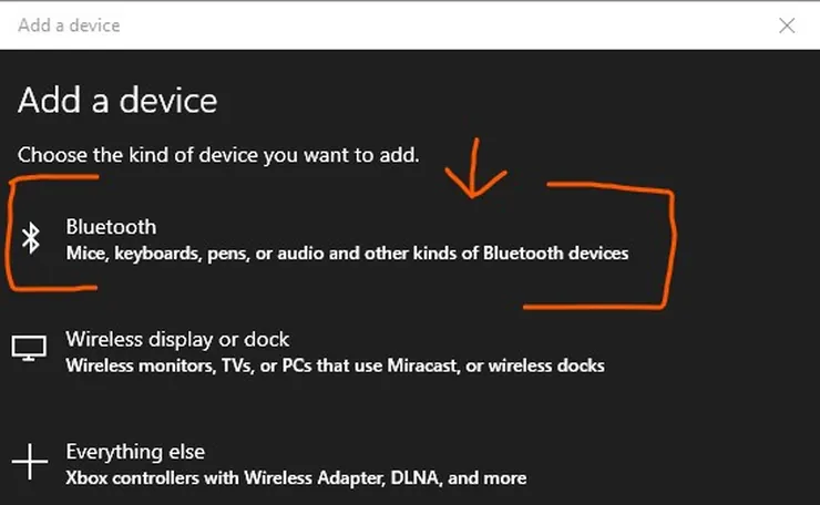 Add a device window for adding Bluetooth device on Windows 10