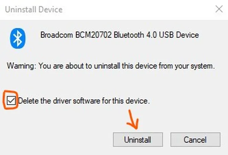Uninstall Bluetooth device and delete driver software on Windows 10