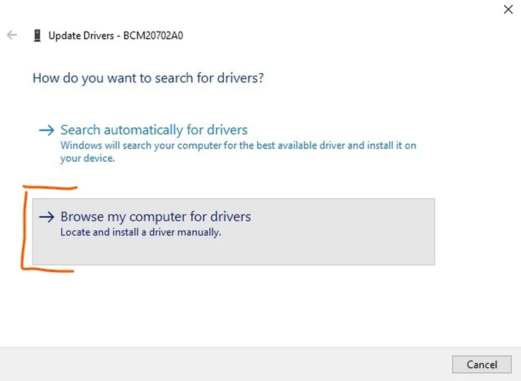 Manually update Bluetooth drivers in device manager on Windows 10