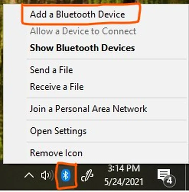Right-click Bluetooth icon to add a Bluetooth device on Windows 10