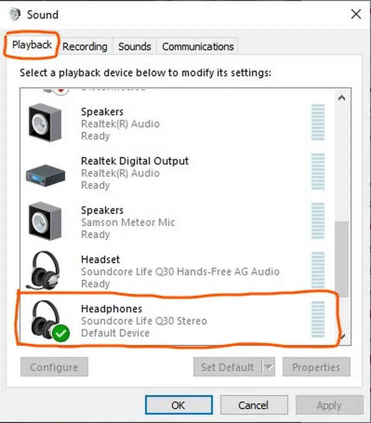 Set headphones as the default device on Windows 10