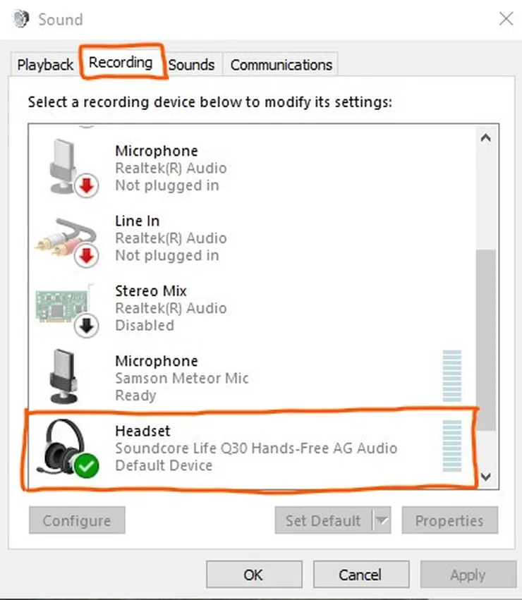 Set headphones as default headset on recording sound settings tab
