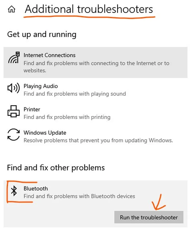 Run Windows 10 Bluetooth Troubleshooter