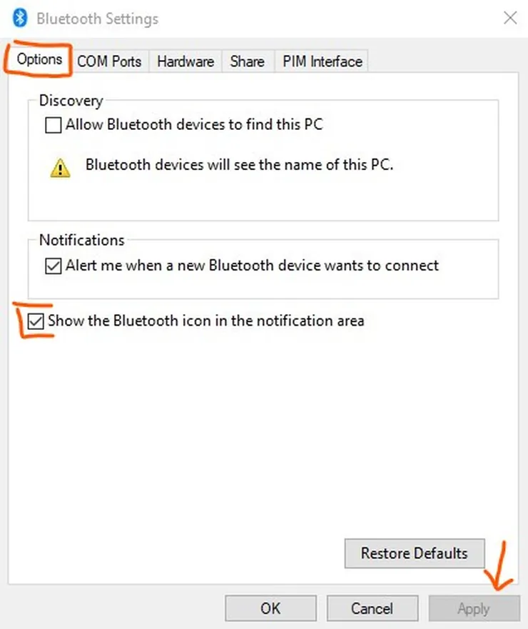 How to show the Bluetooth icon in the taskbar on Windows 10