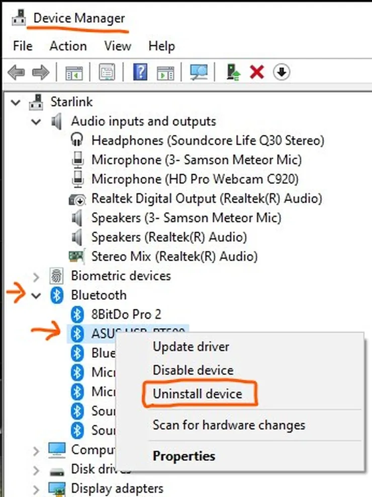 Uninstall Bluetooth device in device manager on Windows 10