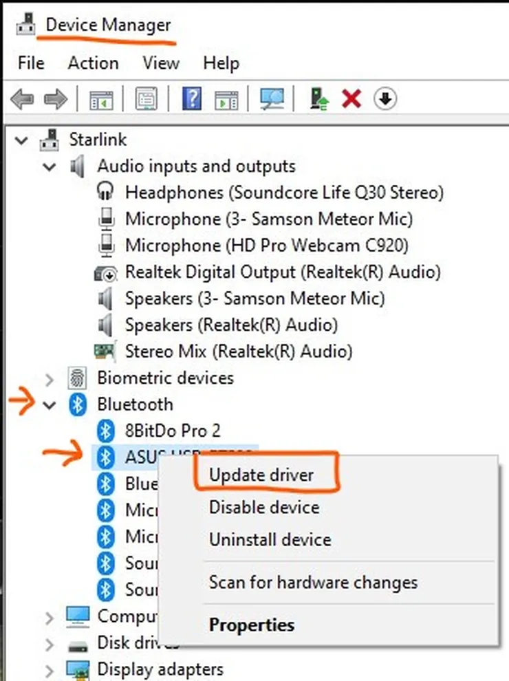Update Bluetooth drivers in device manager on Windows 10